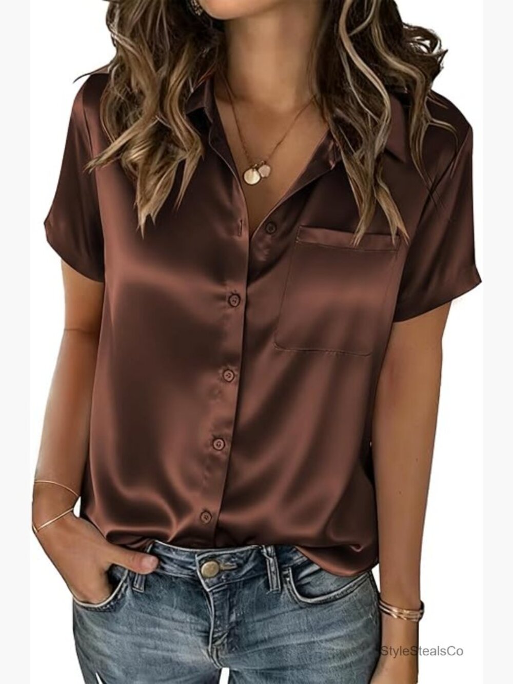 Satin Short-Sleeve Button-Down Shirt in Chocolate Brown